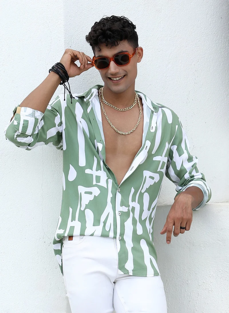 Campus Sutra Men's Sage Green Abstract Print Shirt For Casual Wear | Spread Collar | Long Sleeve | Button Closure | Heavy Rayon Shirts Crafted With Comfort Fit For Everyday Wear