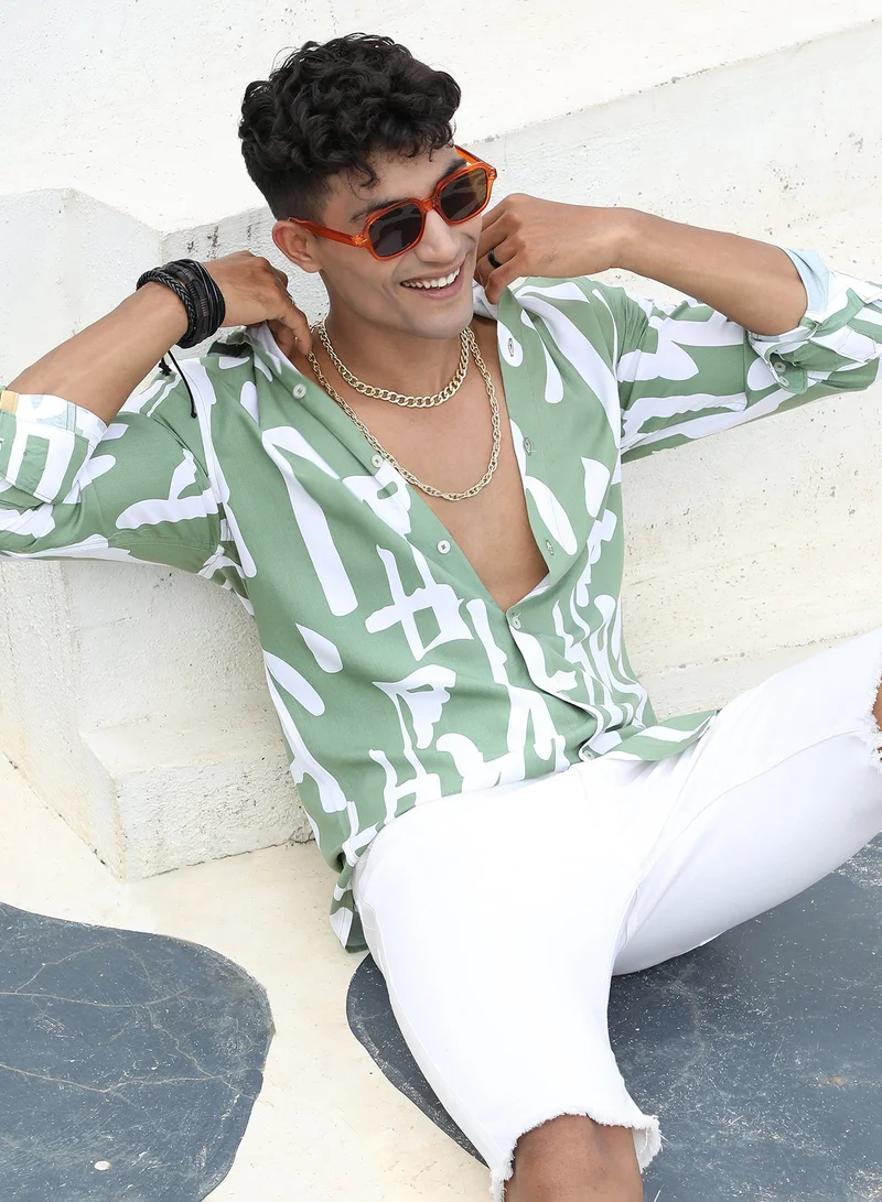 Campus Sutra Men's Sage Green Abstract Print Shirt For Casual Wear | Spread Collar | Long Sleeve | Button Closure | Heavy Rayon Shirts Crafted With Comfort Fit For Everyday Wear