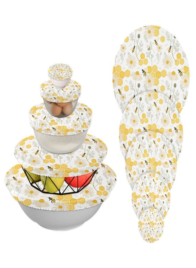 ZZKKO 5 Pieces Cloth Bowl Covers Reusable in 5 Size Bees Flower Stretch Fabric Bowl Covers Elastic Food Storage Covers Bread Bowl Covers Reusable Lids for Fruits Leftover - Image 1