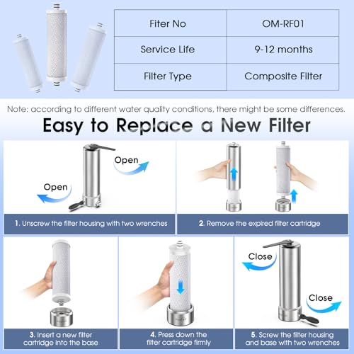 OEMIRY Countertop Water Filter, Stainless Steel 8000 Gallons Faucet Water Filtration System, Reduces 99.99% Chlorine, Lead, Heavy Metals, Bad Odor, OM-CF01 Included 1 Filter - Image 5