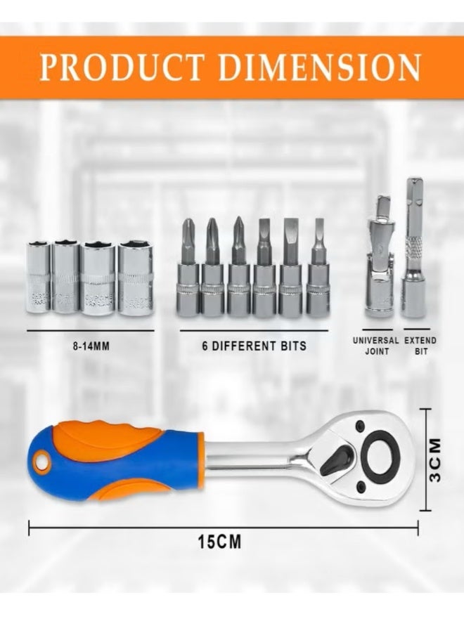 Orderly 12-in-1 Combination Ratchet Wrench & Tool Set | Reversible Ratchet Handle with 6 Bits, 4 Sockets & Universal Joint | Professional Chrome Vanadium Steel Repair Kit for Home & DIY - Image 4
