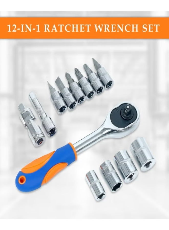 Orderly 12-in-1 Combination Ratchet Wrench & Tool Set | Reversible Ratchet Handle with 6 Bits, 4 Sockets & Universal Joint | Professional Chrome Vanadium Steel Repair Kit for Home & DIY - Image 1
