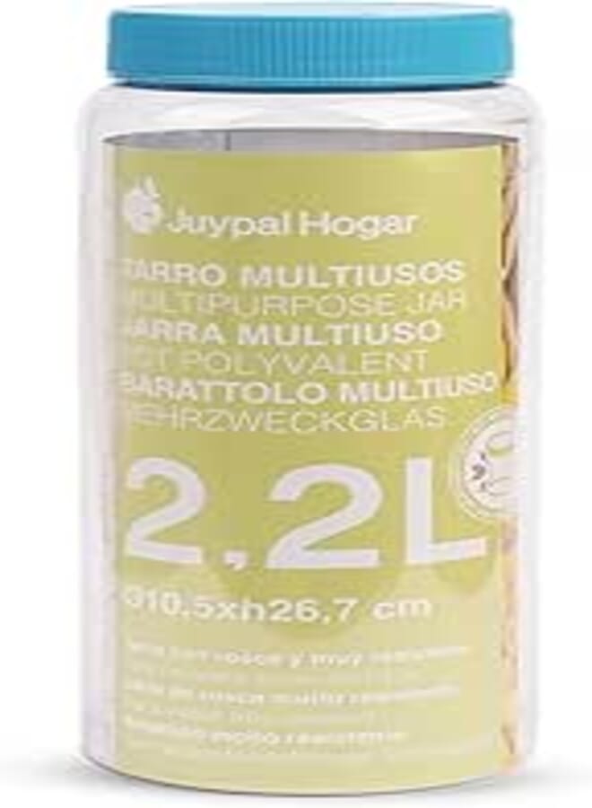 Juypal Hogar Storage Jar – 2.2L Soft Blue – Clear BPA-Free Plastic with Screw-On Leakproof Lid – Airtight, Reusable – Made in Spain