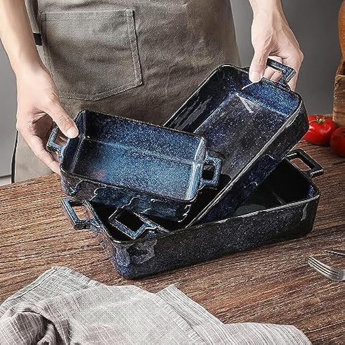 ريحني مجموعة أدوات الخبز الخزفية من الخزف وقوالب اللازانيا المستطيلة طقم أطباق الطهي كعكة المطبخ عشاء والاستخدام اليومي 3 قطع 15 × 85 بوصة أزرق - Image 3