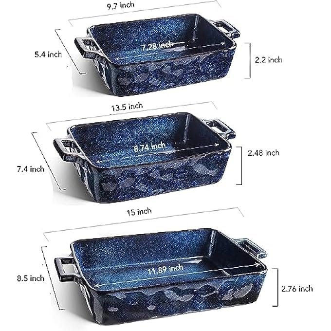 ريحني مجموعة أدوات الخبز الخزفية من الخزف وقوالب اللازانيا المستطيلة طقم أطباق الطهي كعكة المطبخ عشاء والاستخدام اليومي 3 قطع 15 × 85 بوصة أزرق - Image 2