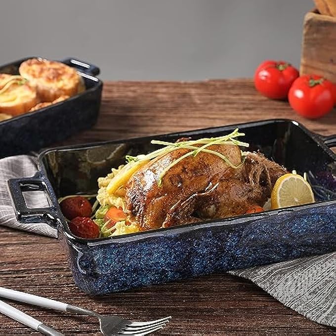 ريحني مجموعة أدوات الخبز الخزفية من الخزف وقوالب اللازانيا المستطيلة طقم أطباق الطهي كعكة المطبخ عشاء والاستخدام اليومي 3 قطع 15 × 85 بوصة أزرق - Image 5