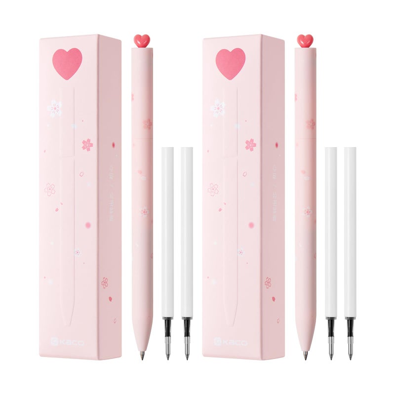 Kaco FIRST Gel Pens Cute Stationery, Pack of 2 Pieces Heart Pen Set with Extra 4 Black Refills (2 Pink) - Image 1