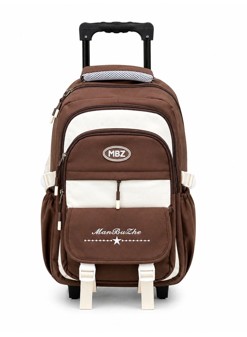Kids Trolley School Backpack with Wheels | Large Capacity Rolling School Bag for Boys & Girls | Multi-Compartment Waterproof Travel Backpack | Comfortable Shoulder Straps | Brown & White - Image 1