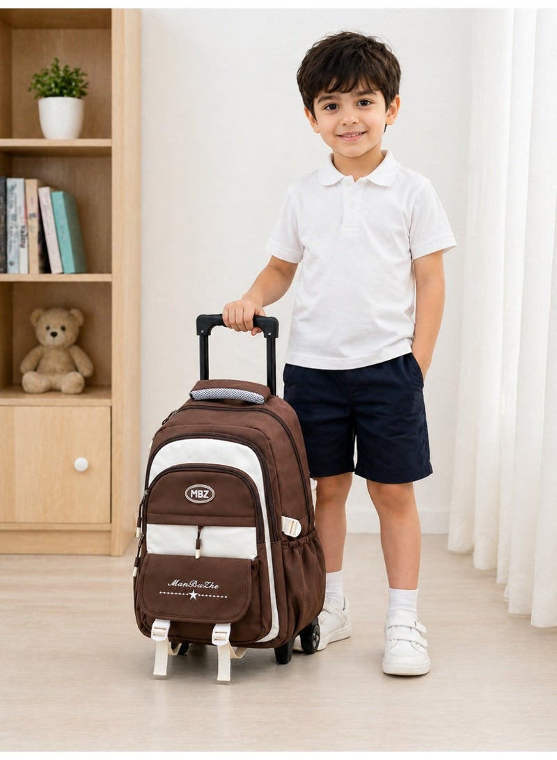 Kids Trolley School Backpack with Wheels | Large Capacity Rolling School Bag for Boys & Girls | Multi-Compartment Waterproof Travel Backpack | Comfortable Shoulder Straps | Brown & White - Image 2