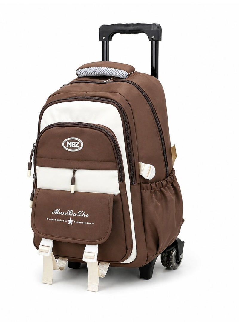 Kids Trolley School Backpack with Wheels | Large Capacity Rolling School Bag for Boys & Girls | Multi-Compartment Waterproof Travel Backpack | Comfortable Shoulder Straps | Brown & White - Image 3