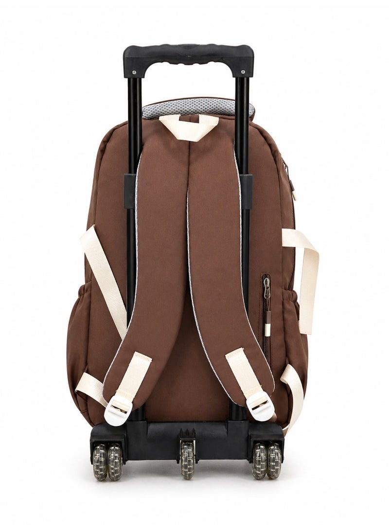 Kids Trolley School Backpack with Wheels | Large Capacity Rolling School Bag for Boys & Girls | Multi-Compartment Waterproof Travel Backpack | Comfortable Shoulder Straps | Brown & White - Image 5