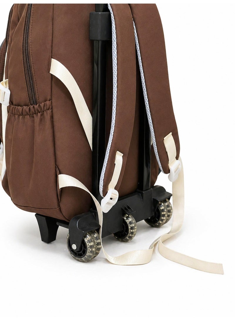 Kids Trolley School Backpack with Wheels | Large Capacity Rolling School Bag for Boys & Girls | Multi-Compartment Waterproof Travel Backpack | Comfortable Shoulder Straps | Brown & White - Image 4