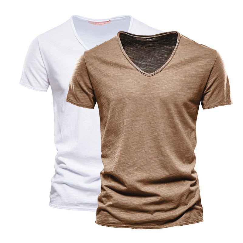 2-Pack Men''s Solid Color Slub Cotton V-Neck Short-Sleeve T-Shirts, Pure Cotton and Style Men''s Clothing, Same Style Trendy Brand, Moisture-Wicking and Sweat-Wicking - Image 1