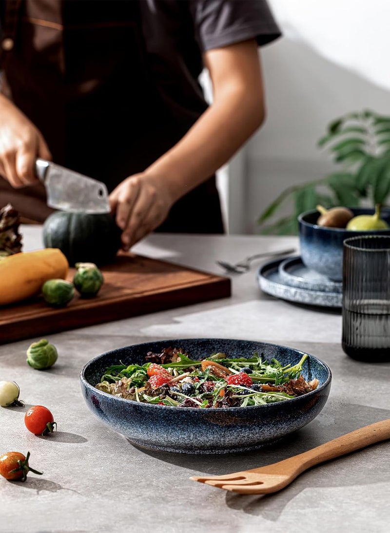 SQS CERAMICS طقم أطباق تقديم كبيرة من SQS CERAMICS مكون من 4 قطع سعة 65 أونصة أطباق ضحلة واسعة لأطباق المعكرونة للحفلات والترفيه آمنة للاستخدام في الميكروويف باللون الأزرق الداكن - Image 2