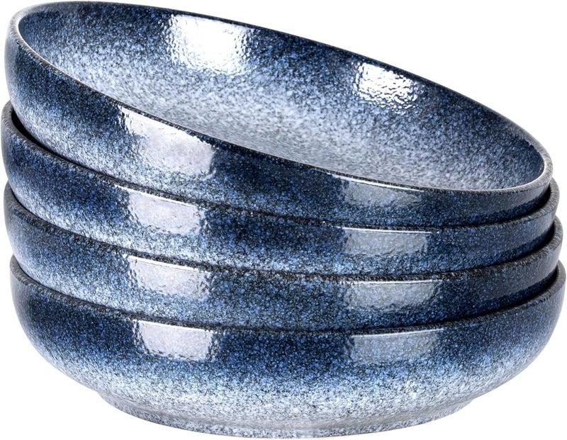 SQS CERAMICS طقم أطباق تقديم كبيرة من SQS CERAMICS مكون من 4 قطع سعة 65 أونصة أطباق ضحلة واسعة لأطباق المعكرونة للحفلات والترفيه آمنة للاستخدام في الميكروويف باللون الأزرق الداكن - Image 1