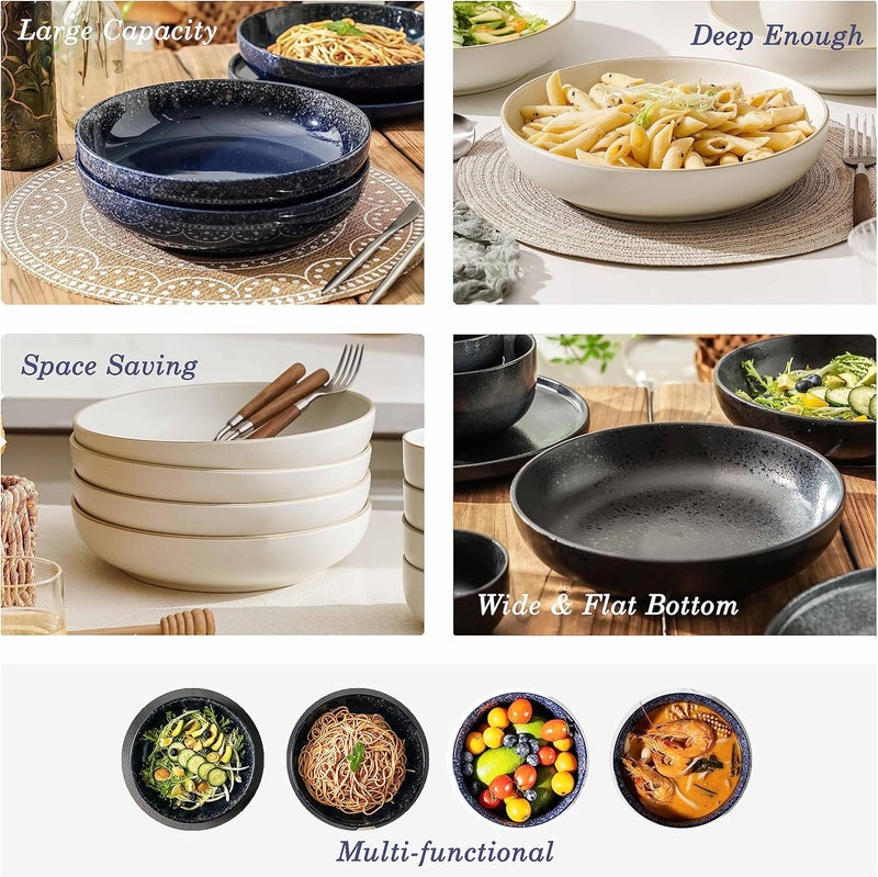 SQS CERAMICS طقم أطباق تقديم كبيرة من SQS CERAMICS مكون من 4 قطع سعة 65 أونصة أطباق ضحلة واسعة لأطباق المعكرونة للحفلات والترفيه آمنة للاستخدام في الميكروويف باللون الأزرق الداكن - Image 4