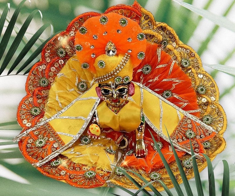 Partish Laddu Gopal Dress with Mukut l Ladoo Gopal Dress l Bal Gopal l Kanha Ji Thakur Ji Heavy DressYellowOrange Size 6 - Image 1