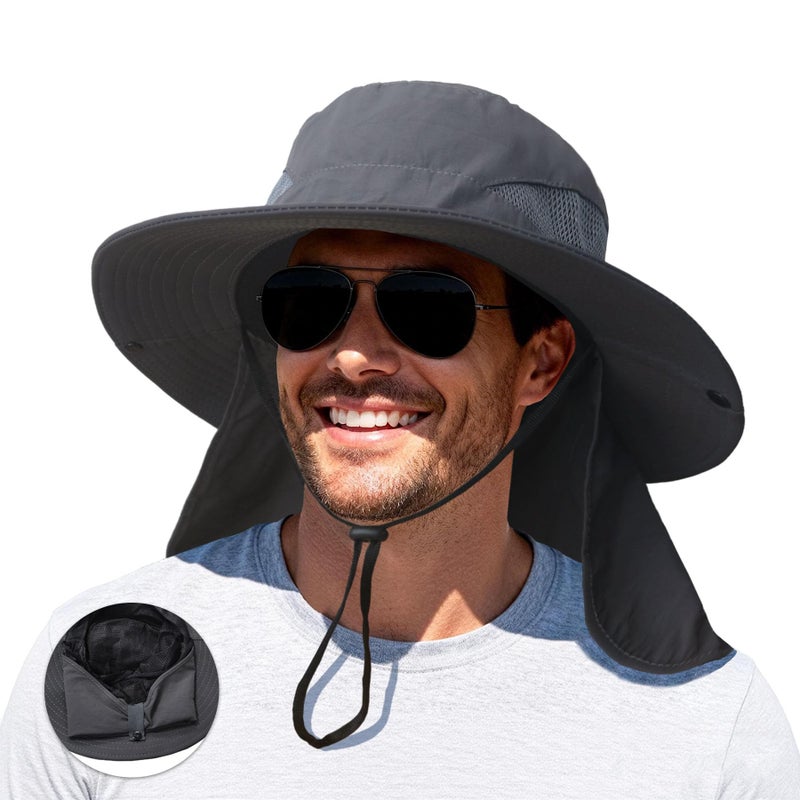 PFFY Sun Bucket Hats for Men Women Fishing Hat UV Protection Wide Brim Beach Safari Hiking Hat Darkgray (with Neck Flap) - Image 1