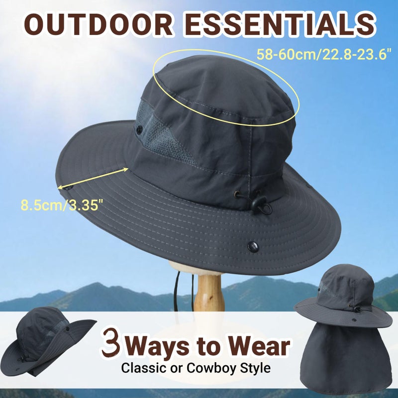 PFFY Sun Bucket Hats for Men Women Fishing Hat UV Protection Wide Brim Beach Safari Hiking Hat Darkgray (with Neck Flap) - Image 3