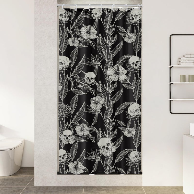 AMBZEK Small Stall Gothic Skull Floral Shower Curtain 36Wx72L Inch Men Single RV Goth Skeleton Spooky Flower Leaves Cool Halloween Artwork Cloth Fabric Waterproof Bathroom Decor Set with 7 Pack Hooks - Image 1
