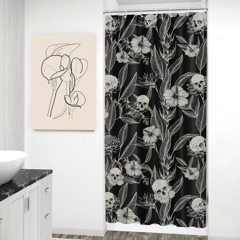 AMBZEK Small Stall Gothic Skull Floral Shower Curtain 36Wx72L Inch Men Single RV Goth Skeleton Spooky Flower Leaves Cool Halloween Artwork Cloth Fabric Waterproof Bathroom Decor Set with 7 Pack Hooks - Image 2