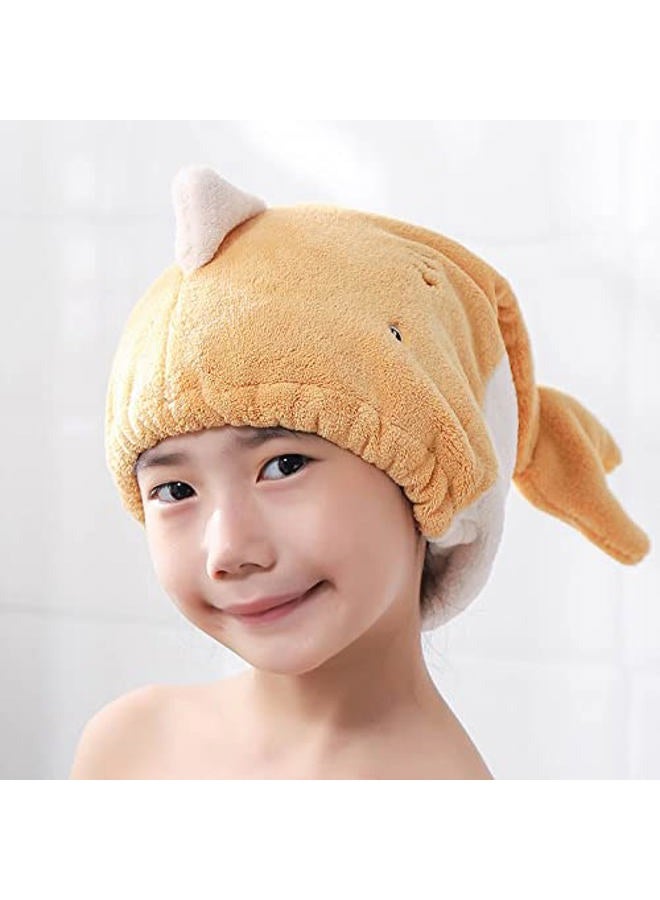 Foyadi Hair Drying Towel for Kids Girls, Cute Cartoon Absorbent Quick Drying Bath Wrap Set for Bathing, Swimming Pool, Soft Microfiber Cap for Curly Long & Wet Hair, Yellow Towel - Image 1