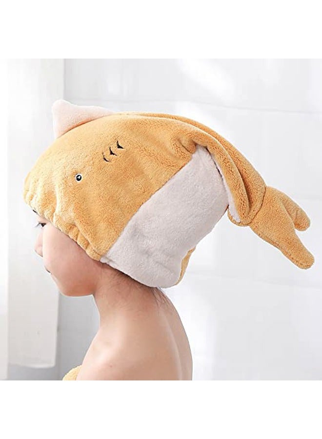 Foyadi Hair Drying Towel for Kids Girls, Cute Cartoon Absorbent Quick Drying Bath Wrap Set for Bathing, Swimming Pool, Soft Microfiber Cap for Curly Long & Wet Hair, Yellow Towel - Image 2