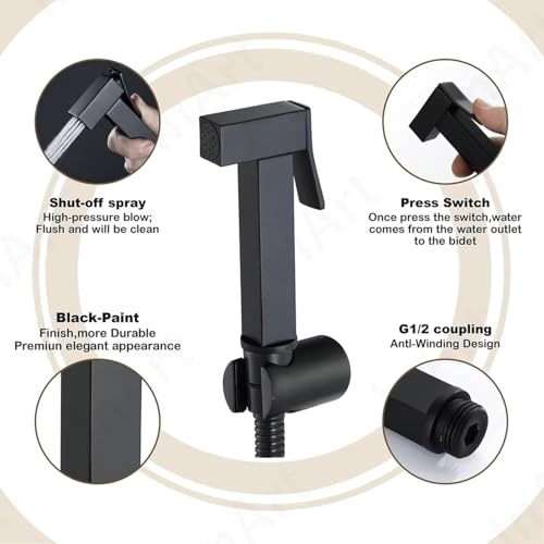 InArt Health Faucet for Bathroom, Premium Jet Spray with Hose and Holder, Superior Low Water Pressure Performance, Easy Grip Design, Durable Brass Material Black Matt - Image 3