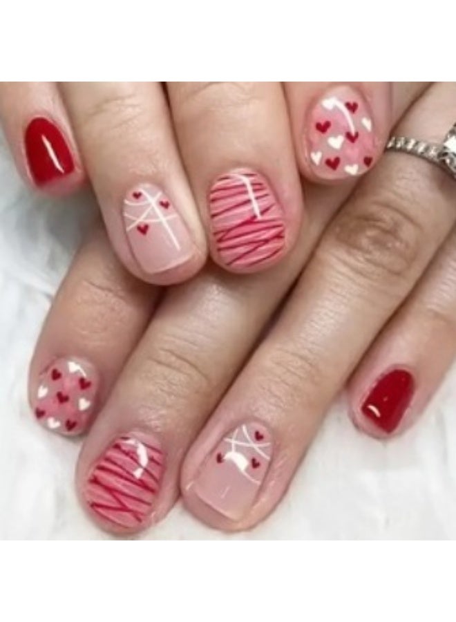 Red and Pink Press On Nails Short Square Shape with Heart Pattern Nail Art, Cute Valentine Fake Nails with Glossy Finish, Romantic Acrylic Stick On Nails for Daily Wear, Date Night, Valentine’s Day, Sweet Style, Reusable Artificial Nails Set for Women Who Love Love-Themed Nail Designs