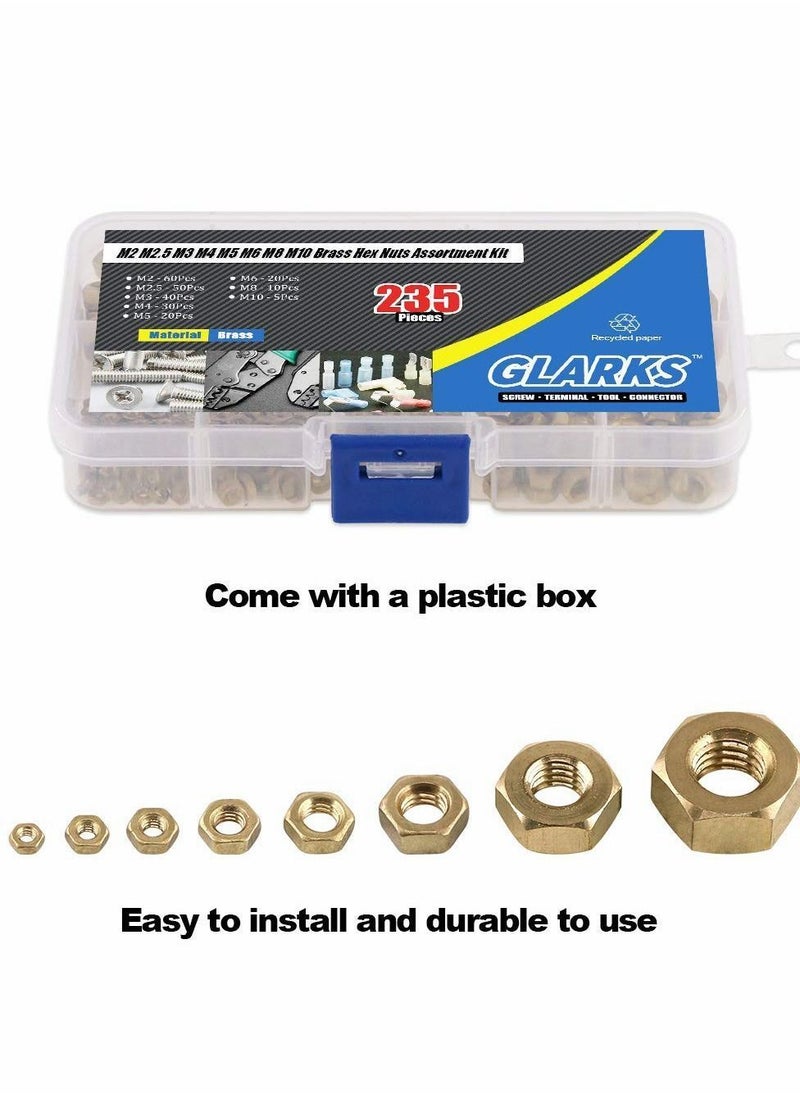 Y&D - 235Pcs Metric Brass Hex Nuts Assortment Kit for Screw Bolt High-Strength (M2 M2.5 M3 M4 M5 M6 M8 M10) - Image 1