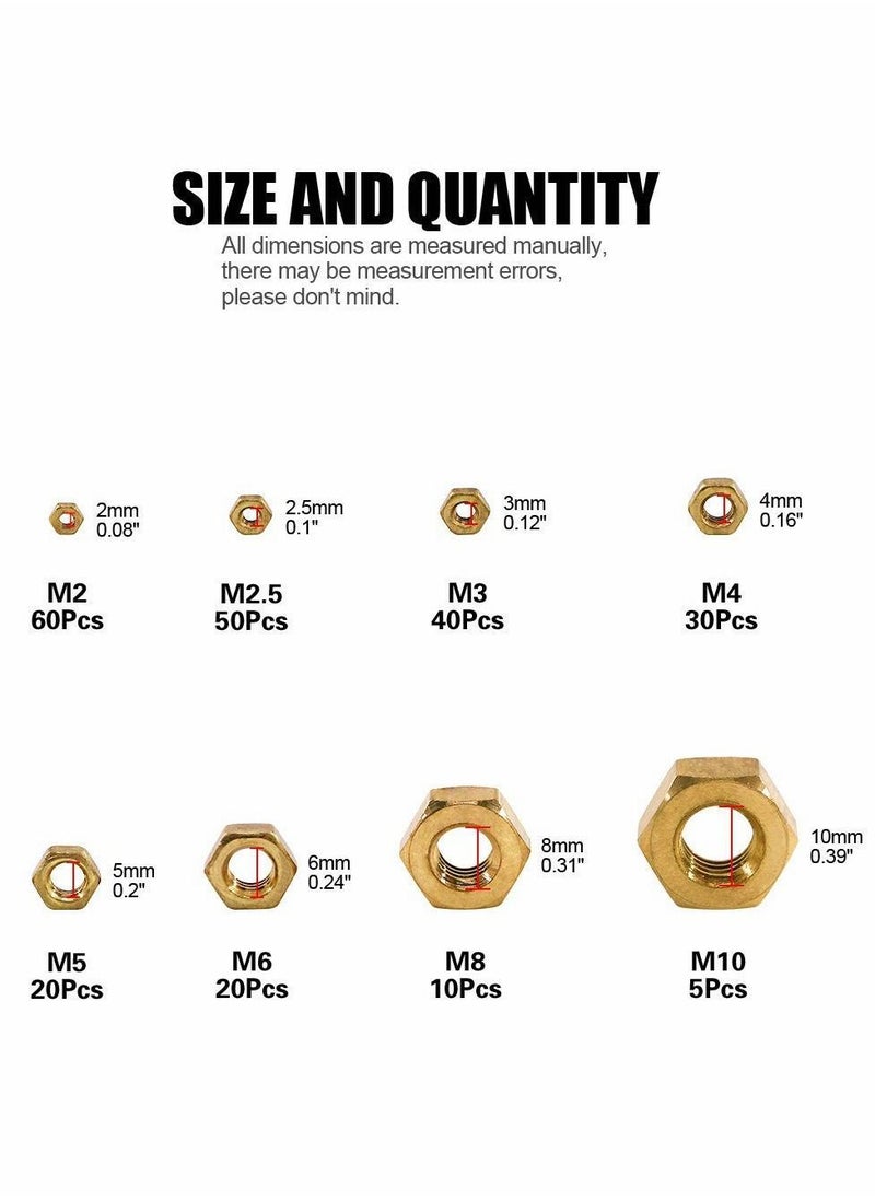 Y&D - 235Pcs Metric Brass Hex Nuts Assortment Kit for Screw Bolt High-Strength (M2 M2.5 M3 M4 M5 M6 M8 M10) - Image 1