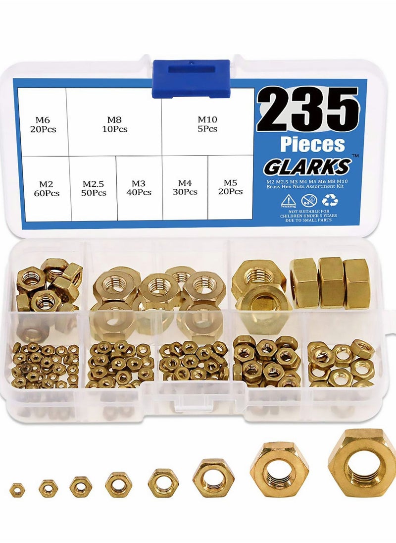 Y&D - 235Pcs Metric Brass Hex Nuts Assortment Kit for Screw Bolt High-Strength (M2 M2.5 M3 M4 M5 M6 M8 M10) - Image 1