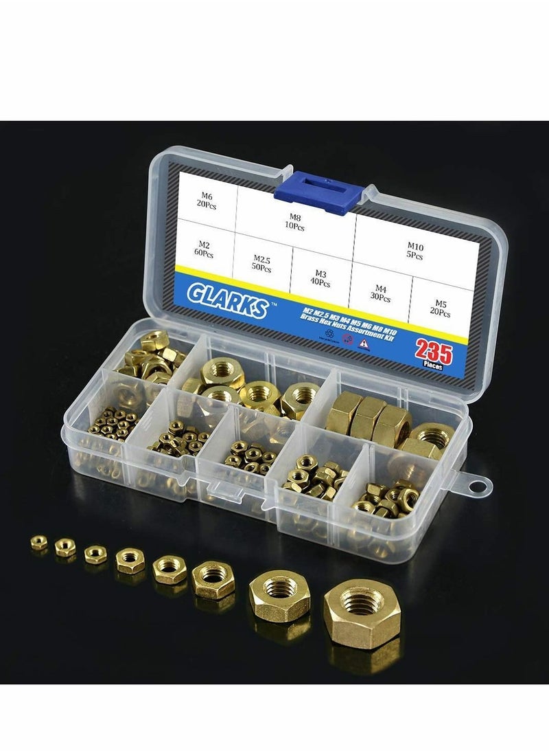 Y&D - 235Pcs Metric Brass Hex Nuts Assortment Kit for Screw Bolt High-Strength (M2 M2.5 M3 M4 M5 M6 M8 M10) - Image 1
