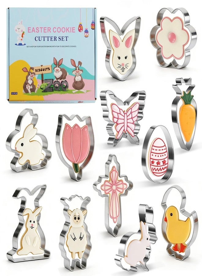 Sunmei Easter Cookie Cutter Set, 12 Pieces Easter Bunny, Egg, Bunny Face, Lamb, Butterfly, Carrot, Chicken etc. Shapes, Metal Biscuit Molds for Spring/Holiday Baking - Image 1