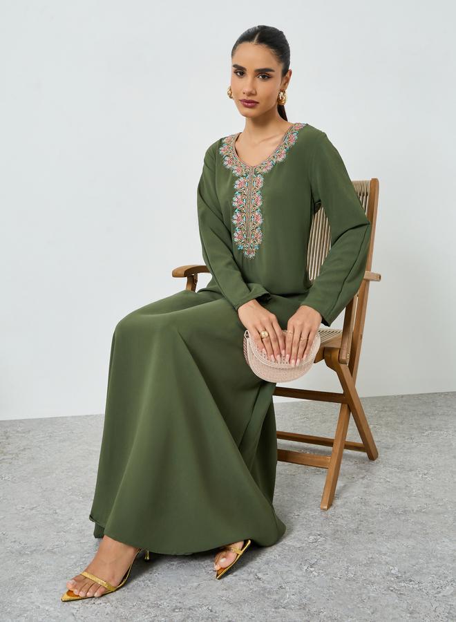 Maxim Creation Olive Embroidered V Neck Jalabiya - Image 1