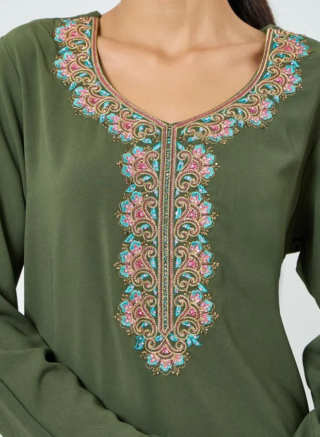 Maxim Creation  Olive Embroidered V Neck Jalabiya for Women | Best Price UAE