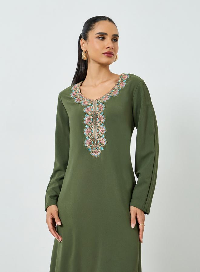 Maxim Creation Olive Embroidered V Neck Jalabiya - Image 2