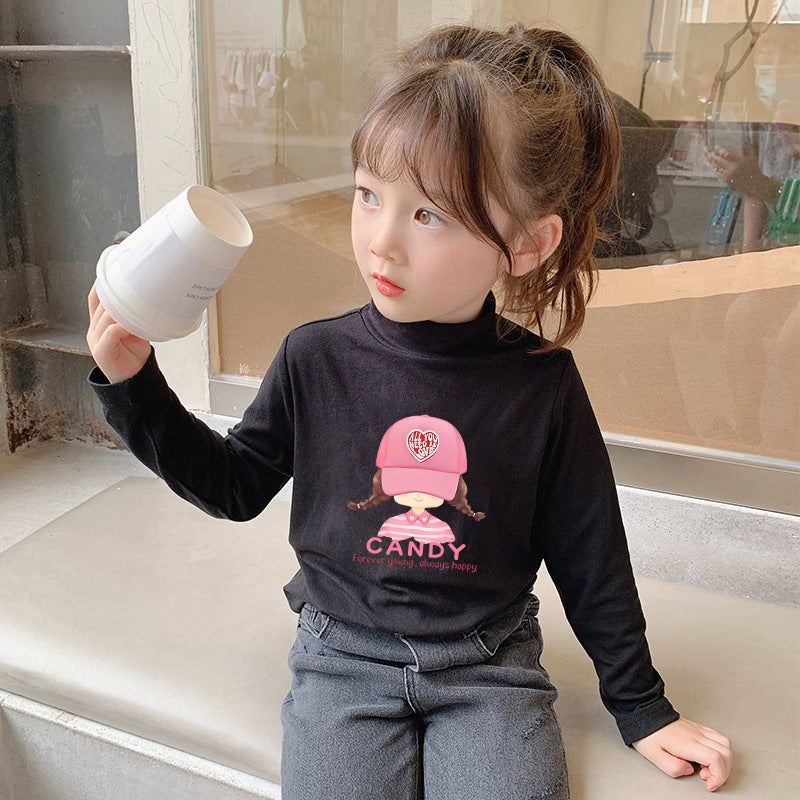 Children'S Base Shirt Half-High Collar Girl'S White Baby'S Long-Sleeved T-Shirt De-Velvet Base T-Shirt - Image 1