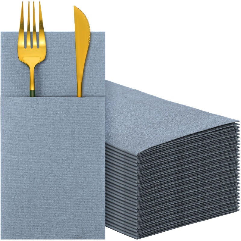 Qilery Qilery Linen Feel Napkins  Disposable Airlaid Paper Napkins Prefolded Dinner Napkins with Built in Flatware Pocket for Silverware Valentine Wedding Party Christmas Day  Dusty Blue (150 Pieces)  - Image 1