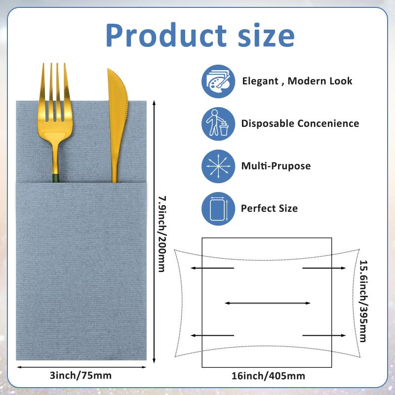 Qilery Qilery Linen Feel Napkins  Disposable Airlaid Paper Napkins Prefolded Dinner Napkins with Built in Flatware Pocket for Silverware Valentine Wedding Party Christmas Day  Dusty Blue (150 Pieces)  - Image 2