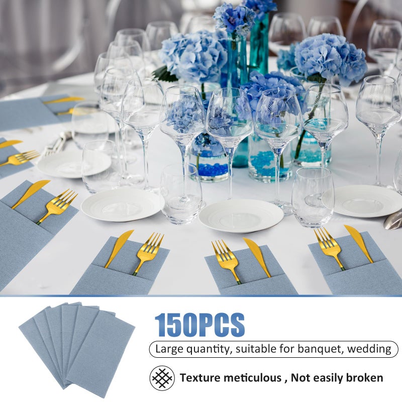 Qilery Qilery Linen Feel Napkins  Disposable Airlaid Paper Napkins Prefolded Dinner Napkins with Built in Flatware Pocket for Silverware Valentine Wedding Party Christmas Day  Dusty Blue (150 Pieces)  - Image 5