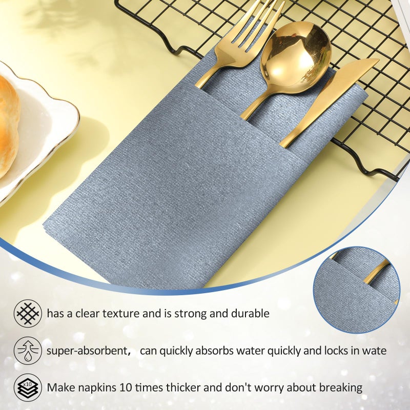 Qilery Qilery Linen Feel Napkins  Disposable Airlaid Paper Napkins Prefolded Dinner Napkins with Built in Flatware Pocket for Silverware Valentine Wedding Party Christmas Day  Dusty Blue (150 Pieces)  - Image 4