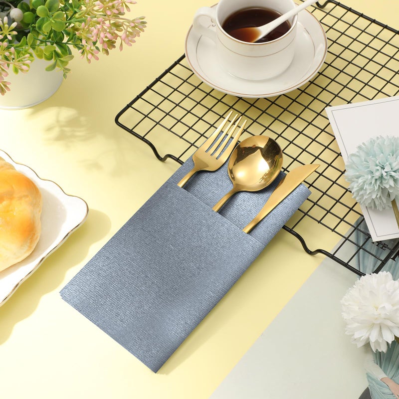 Qilery Qilery Linen Feel Napkins  Disposable Airlaid Paper Napkins Prefolded Dinner Napkins with Built in Flatware Pocket for Silverware Valentine Wedding Party Christmas Day  Dusty Blue (150 Pieces)  - Image 3
