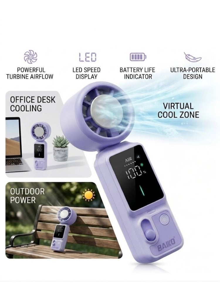 BAIKO Portable Mini Handheld Fan 3000mAh Battery Type-C Charging, , High-Speed Cooling and Foldable Fan with LED Digital Display for Office, Travel, Camping & Home - Image 2