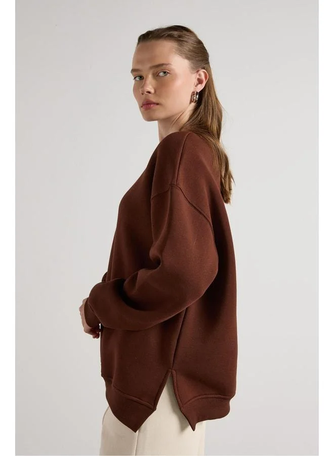 mina aise Women's Coffee Basic Slit Oversize 3‑Thread Sherdon Sweatshirt 30078