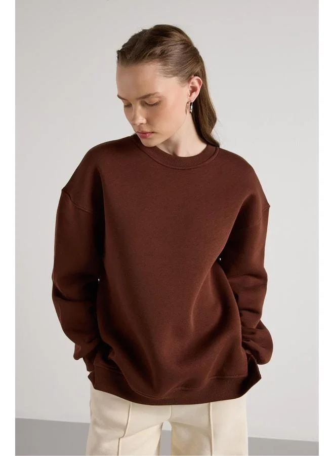 mina aise Women's Coffee Basic Slit Oversize 3‑Thread Sherdon Sweatshirt 30078