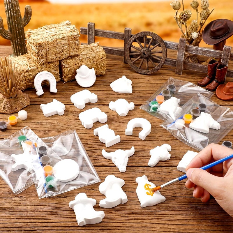 Simgoing 20 Set Dinosaur Unicorn Mermaid Donut Jungle Animal Alien DIY Painting Kit Pumpkin Snowman Ceramic Paint Your Own Figurines Unpainted Plaster Craft for Party Favor (Cowboy) - Image 2