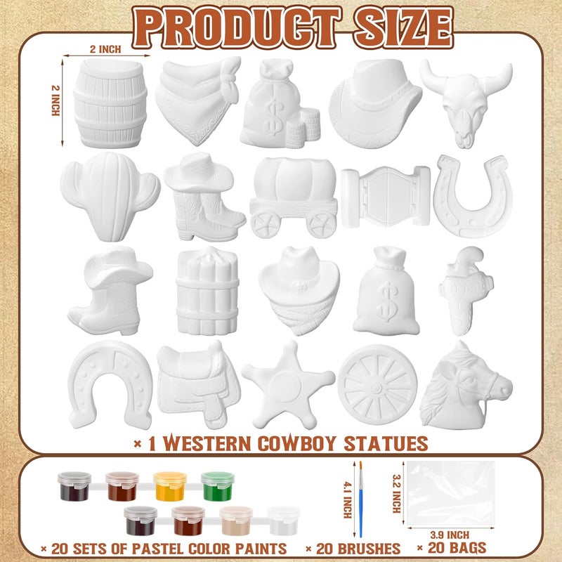 Simgoing 20 Set Dinosaur Unicorn Mermaid Donut Jungle Animal Alien DIY Painting Kit Pumpkin Snowman Ceramic Paint Your Own Figurines Unpainted Plaster Craft for Party Favor (Cowboy) - Image 5