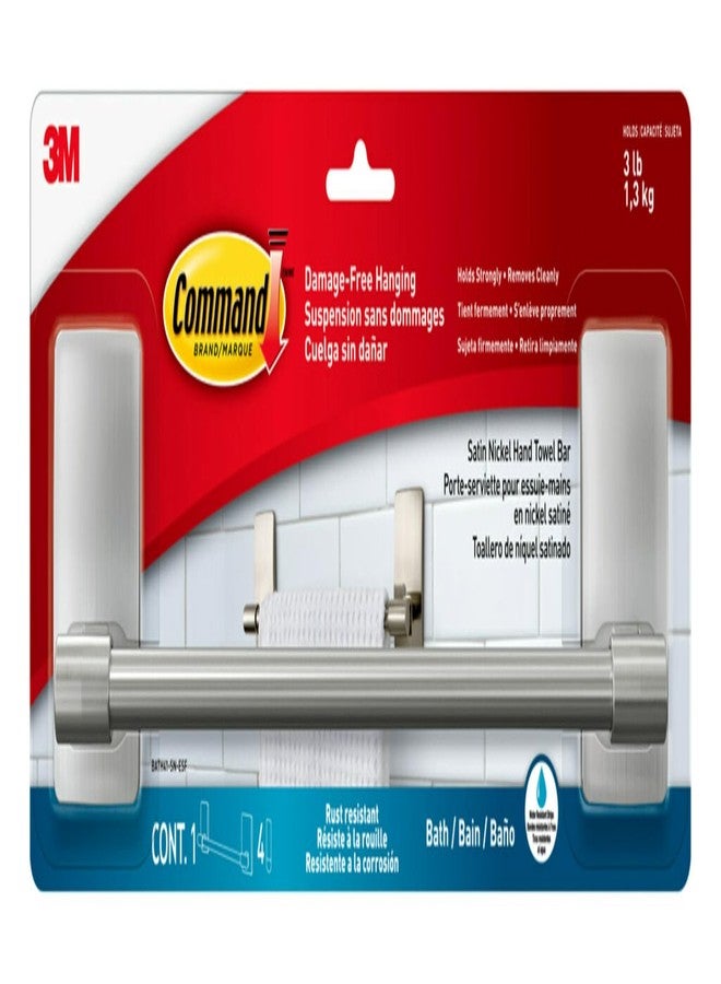 Command Hand Towel Bar Satin Nickel with 4 Water Resistant Command Strips, 9" Hand Towel Holder, Holds up to 3 lb, Great for Bathroom Décor on the Wall, Inside the Cabinet, or in the Shower - Image 1