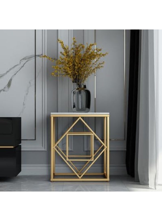 YINZUO Natural White Marble Sofa Side Table, Modern Bedside Coffee Table with Welded Black and Gold Metal Frame, No Assembly Required (Matt Gold, Design 8) - Image 1